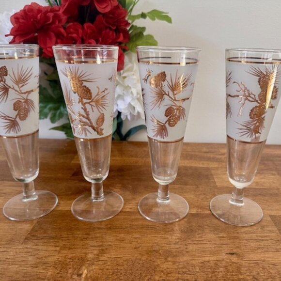 Vintage Libbey Frosted Pine Cone Pilsner Glasses Gold Trim Set of 4‎ Mid Century - Picture 1 of 4